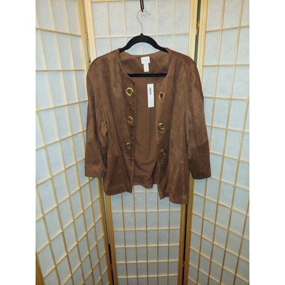 Chico's Autumn Brown faux Suede Jacket with Rich Gold Ring down each side of the - Picture 1 of 4